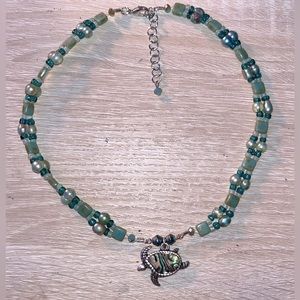 Abalone Shell Handmade Green Beaded Crystal Turtle Necklace Choker